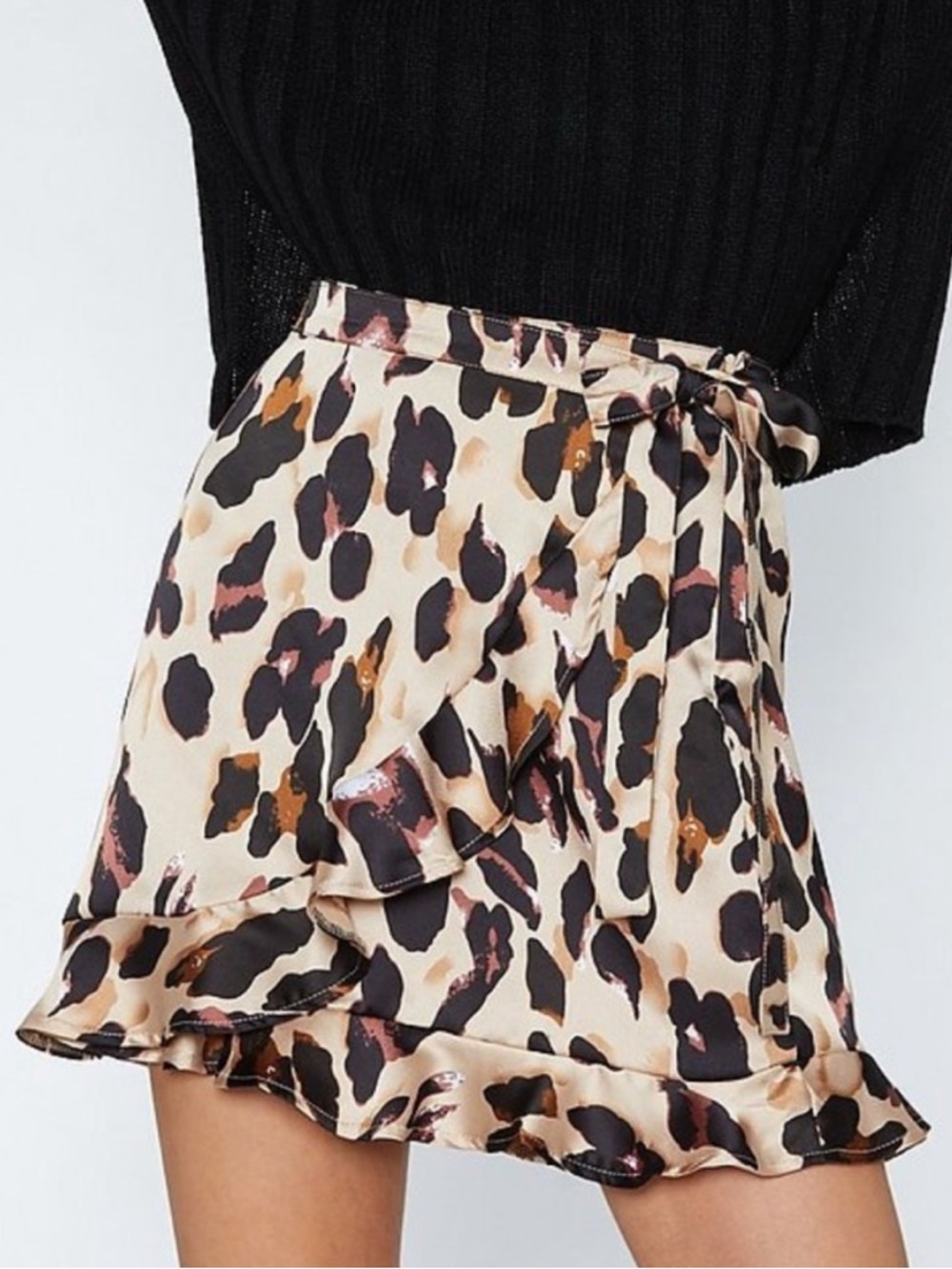 Nasty Gal Leopard Tie Satin Mini Skirt Ruffle Hem Faux Wrap Sz 4